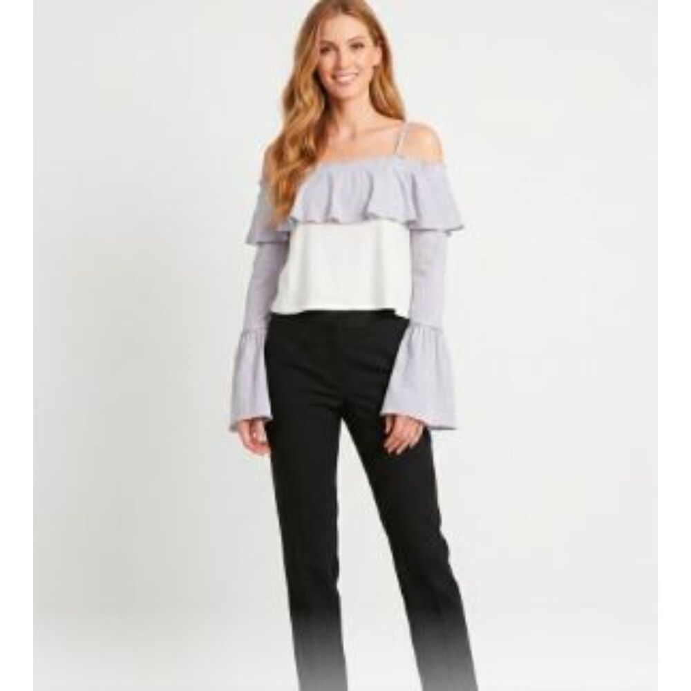 Grey State Women's White Grey Ruffle Long Sleeve Tank Off the shoulder Top Sz S